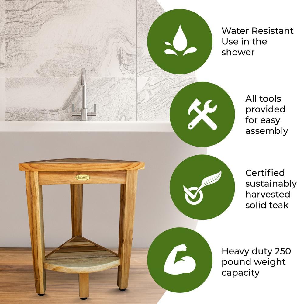 18" EarthyTeak Solid Teak Corner Shower Bench with Shelf