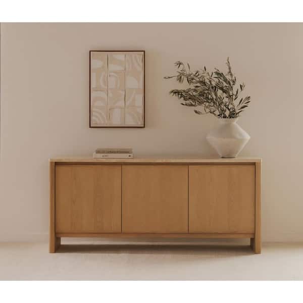 NADAAL STUDIOS Wickman Beige Travertine and Ash Wood 71 in. Sideboard with Rounded Edges and 3 Veneer Doors
