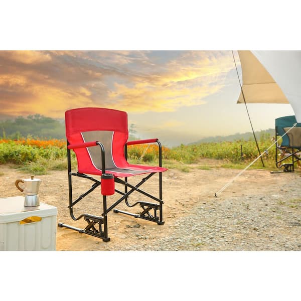 Outdoor Lawn Chair Metal Folding Camping Chair Portable Rocking Chair Patio Beach Chair w/ Cup Holder in Red