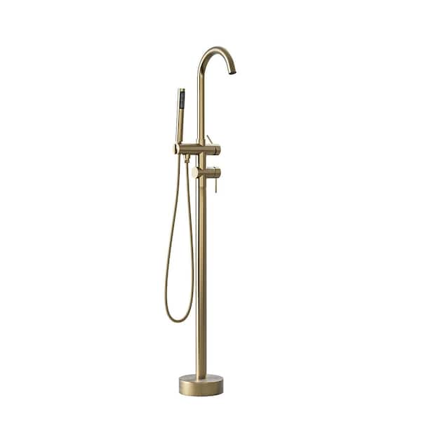 Aosspy Single-Handle Freestanding Floor Mount Tub Faucet Bathtub Filler with Hand Shower in Brushed Gold