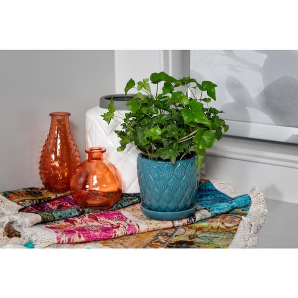 Vigoro 4 in. Colusa Small Teal Leaf Textured Ceramic Planter (3.9 in. D x  3.9 in. H) with Drainage Hole and Attached Saucer 527385 - The Home Depot