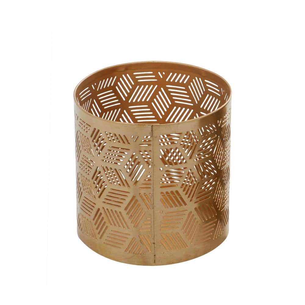 Gold Metal Geometric Cylinder Pencil Cup with Laser Carved Design