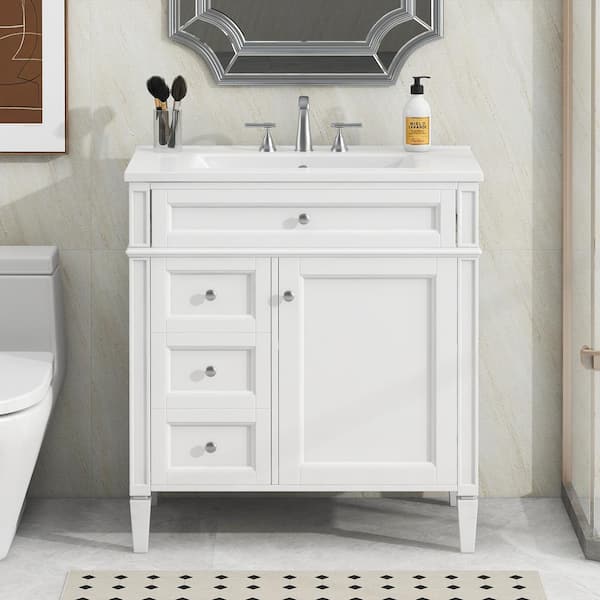 JimsMaison 30 in. W x 18 in. D x 34 in. H Single Sink Freestanding Bath Vanity in White with White Ceramic Top