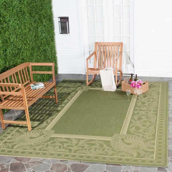 Courtyard Olive/Natural 8 ft. x 8 ft. Square Border Indoor/Outdoor Patio  Area Rug