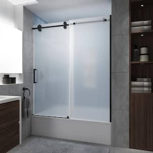 Langham XL 56 - 60 in. W x 70 in. H Frameless Sliding Tub Door in Matte Black with Ultra-Bright Frosted Glass