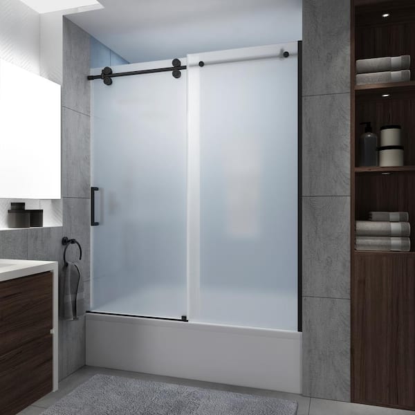 Aston Langham XL 56 - 60 in. W x 70 in. H Frameless Sliding Tub Door in Matte Black with Ultra-Bright Frosted Glass