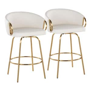 Claire 25.75 in. White Faux Leather and Gold Metal Fixed-Height Counter Stool (Set of 2)