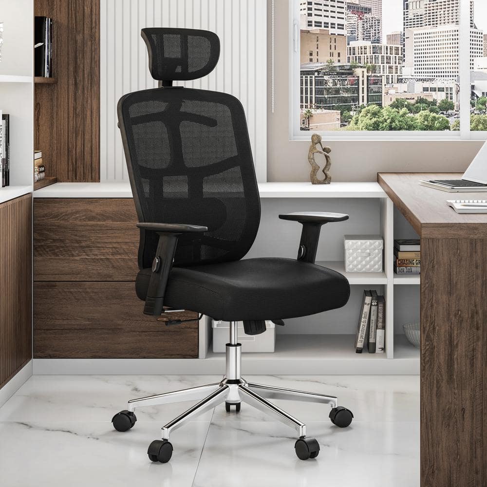 Executive High-Back Black Mesh Swivel Office Chair with Metal Base