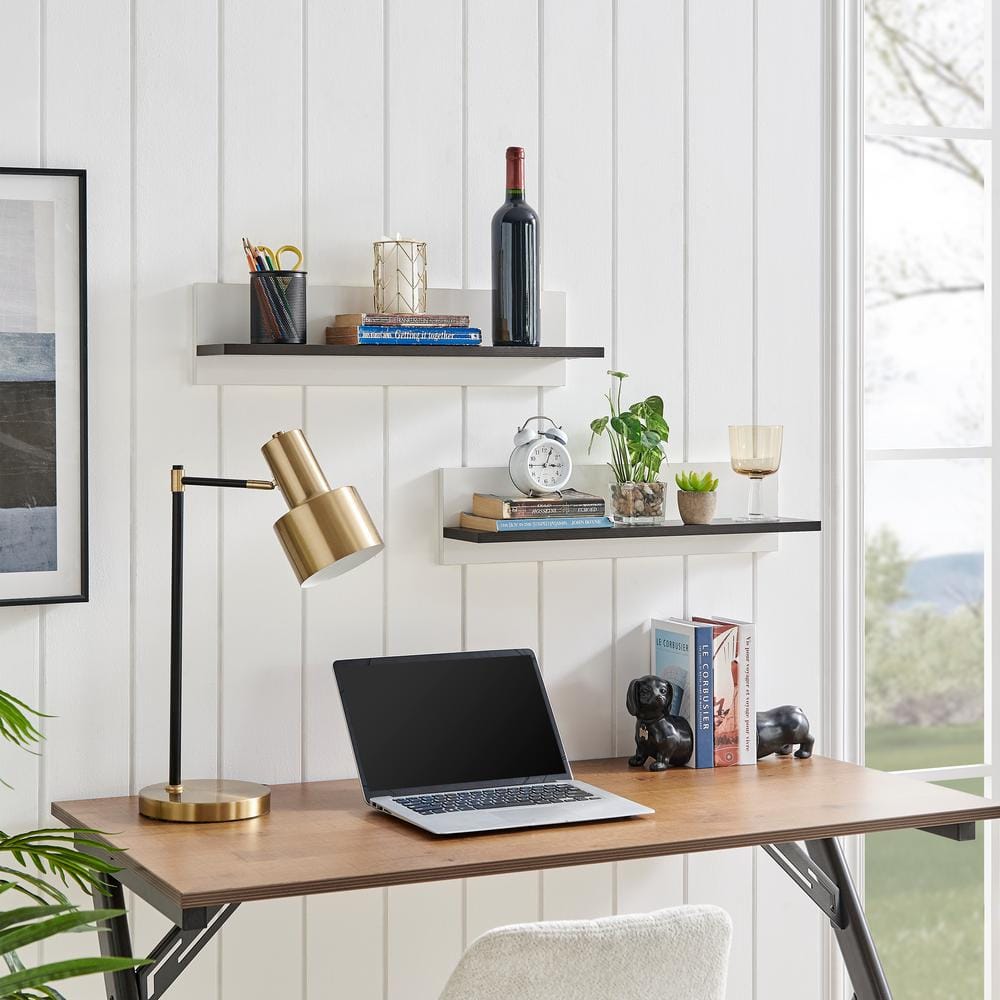White and Dark Walnut Floating Wall Shelves Set of 2
