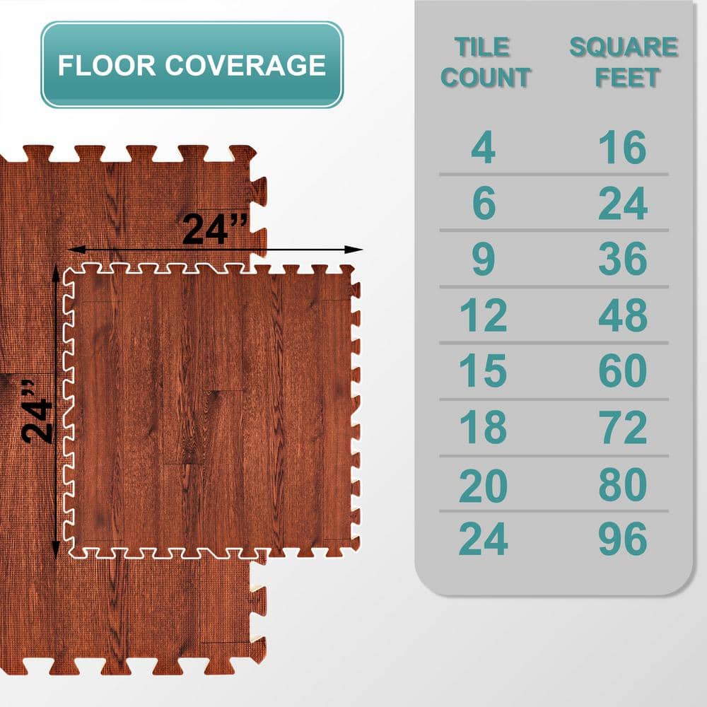 Mahogany 24" Square Interlocking Foam Floor Tiles with Wood Grain Finish