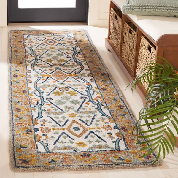 Aspen 2 ft. x 15 ft. Ivory/Blue Border Floral Speckled Runner Rug