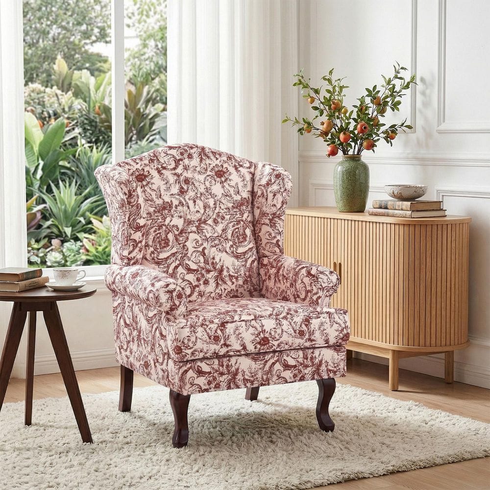 Mid-Century Retro Style Rococo Orange Chenille Upholstered Wingback Arm Chair with Wooden Legs (Set of 1) price history on PriceWatchPro
