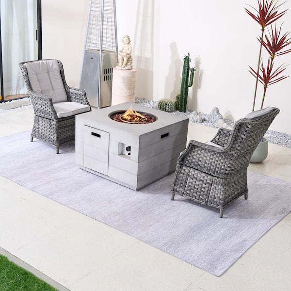 Aruna 3-Piece Gray Wicker Aluminum Outdoor Fire Pit Set with Gray Cushions