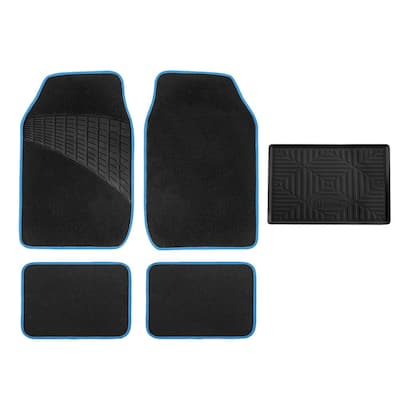 Blue Color-Trimmed Liners Non-Slip Car Floor Mats with Rubber Heel Pad - Full Set