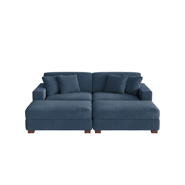 83 in. W Modern Square Arm 4-Piece Corduroy Fabric Sectional Sofa in Navy Blue with 4-Pillows