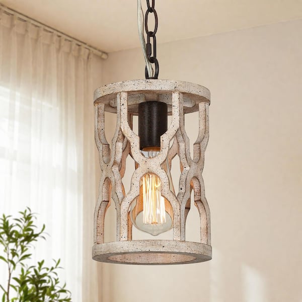 Grain Farmhouse Kitchen Island Pendant Light 1-Light Wood Drum Cage Rustic Hanging Ceiling Light with Bronze Accents