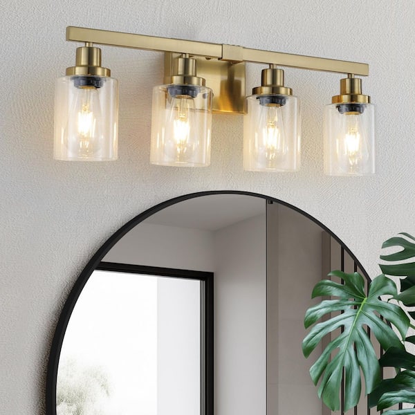 24 in. 4 Light Gold Vanity Light Fixture Modern Iron Metal Bathroom Over Mirror Wall Lights with Clear Glass Shade