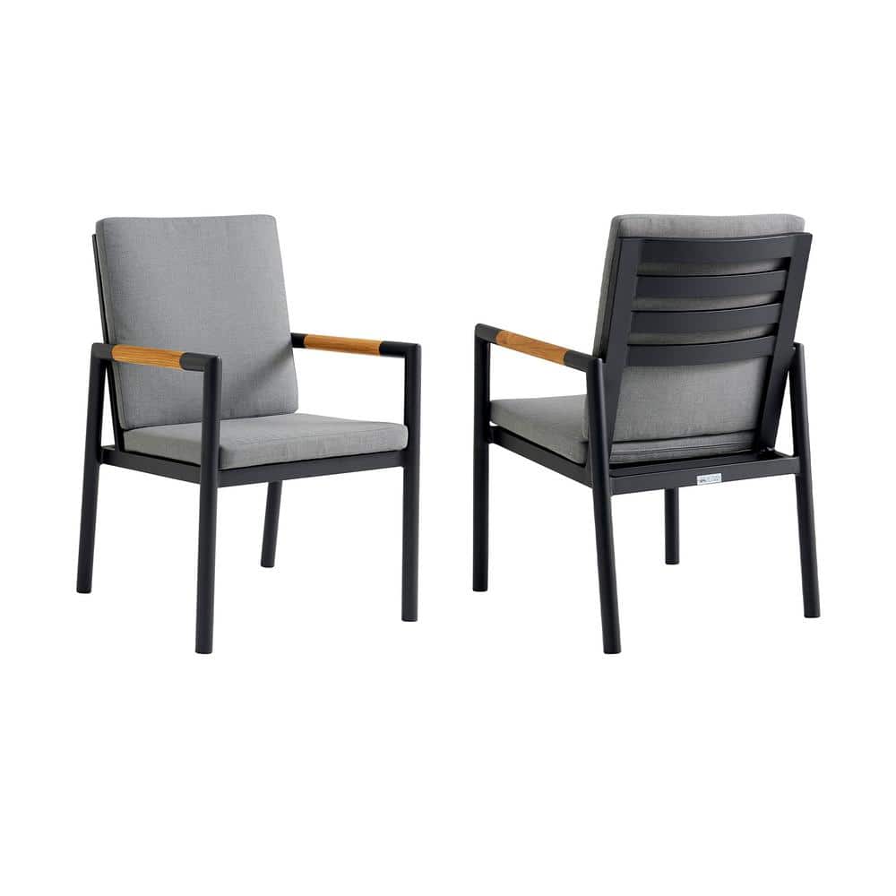 Royal Black Aluminum and Teak Outdoor Dining Chair Set with Gray Cushions