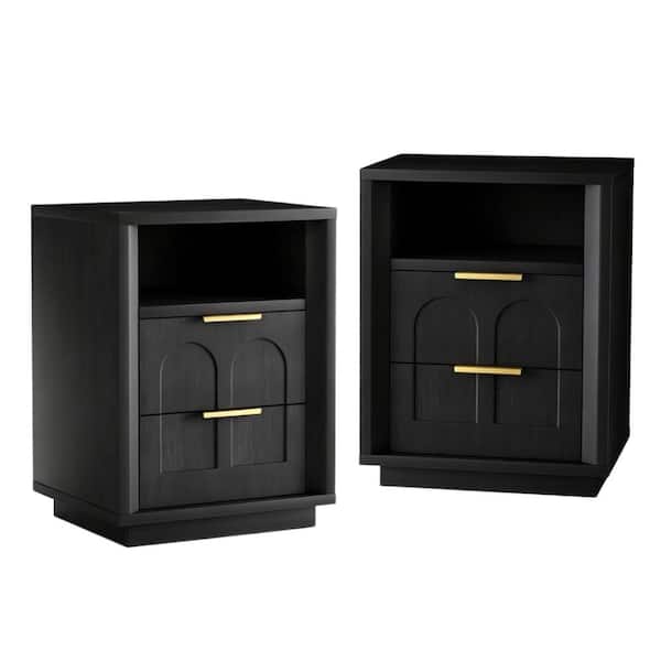 2 Drawer Nightstands Set of 2 with Type-C Charging Station Modern Wood Bedside Table with Storage Shelf End Tables,Black