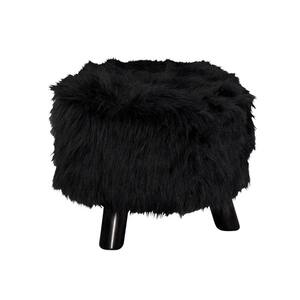 12.6 in. Black Faux Fur Upholstered Wooden Back Less Foot Stool with 3-Leg Support