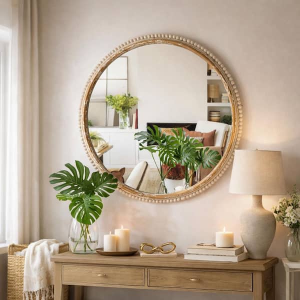 36 in. W x 36 in. H Round Beaded Framed Floating Wall Bathroom Vanity Mirror in Antique White