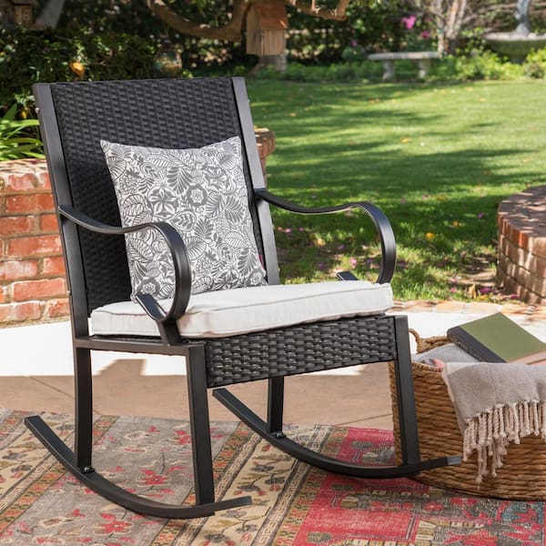 Noble House Harmony Black Faux Rattan Outdoor Rocking Chair with White Cushion