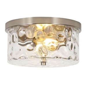12 in. 2-Light Brushed Nickel Flush Mount Ceiling Light with Water Rippled Glass Shade