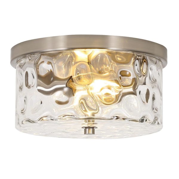 LamQee 12 in. 2-Light Brushed Nickel Flush Mount Ceiling Light with Water Rippled Glass Shade