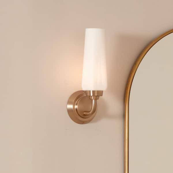 Truby 11.5 in. 1-Light Champagne Bronze Bathroom Indoor Wall Sconce Light with Satin Etched Cased Opal Glass