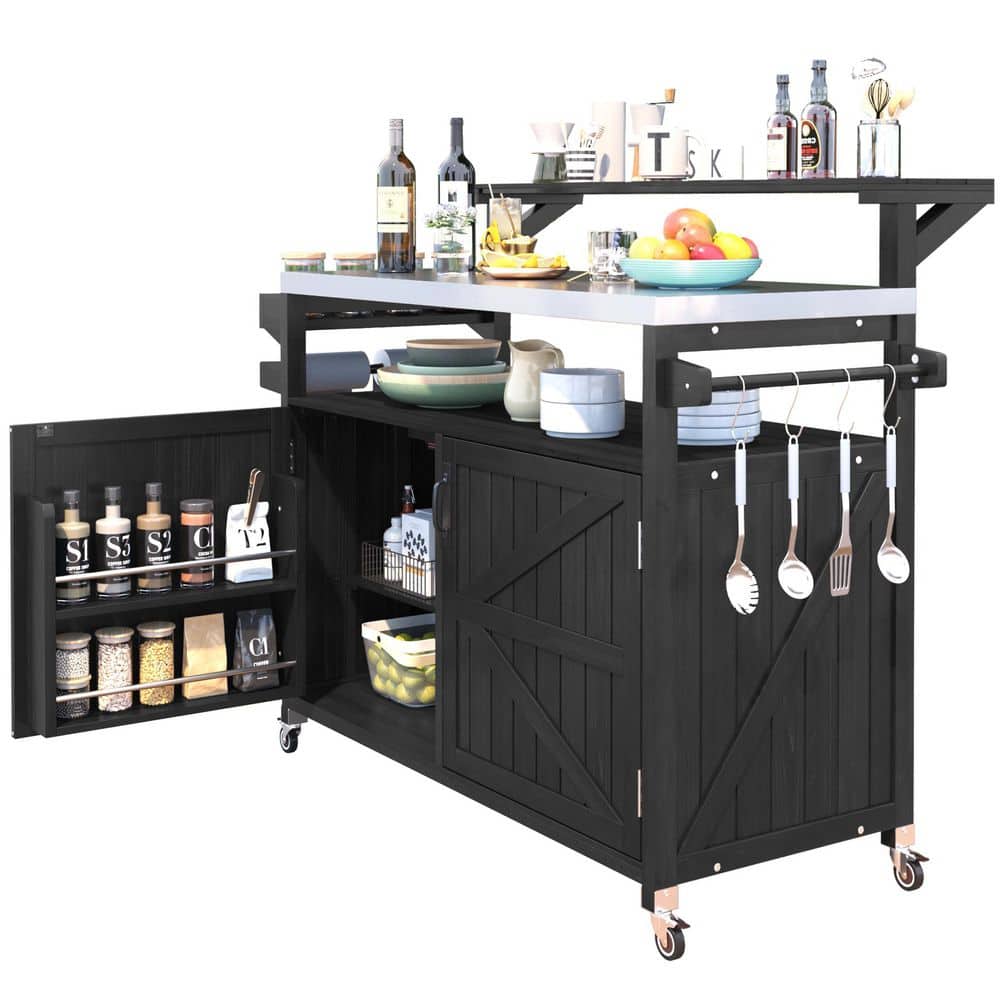 "53.3"" Outdoor Storage Cabinet with Stainless Steel Top, Outdoor Serving Cart Grill Cart with Adjustable Shelf, Black" price history on PriceWatchPro