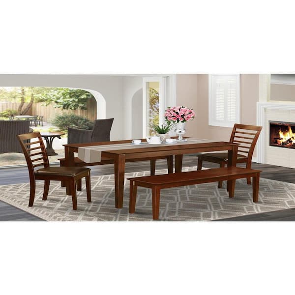 East West Furniture 5-Piece Rectangle Mahogany Finish Solid Wood Top Dining Table with 2 Benches, 2 Chairs with Lattice Back