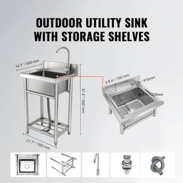 Stainless Steel Utility Sink, 1 Compartment Free Standing Sink Commercial Single, 21.7 in. 16.1 in. x 13 in. x 8.7 in.