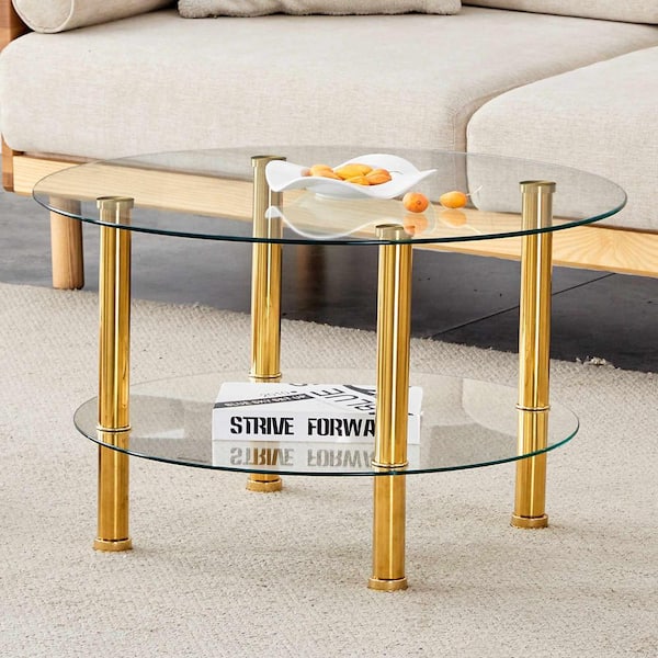 27.5 in. Gold, Transparent Round Glass Coffee Table with 2-Layer Shelf