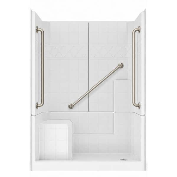 Liberty 60 in. x 33 in. x 77 in. 3-Piece Low Threshold Shower Kit in White with Left Seat, 3 Grab Bars and Right Drain