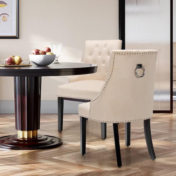 Costway Velvet Dining Chair Beige Upholstered Tufted Armless with Nailed Trim and Ring Pull JV10102BE The Home Depot