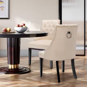 Velvet Dining Chair Beige Upholstered Tufted Armless with Nailed Trim and Ring Pull