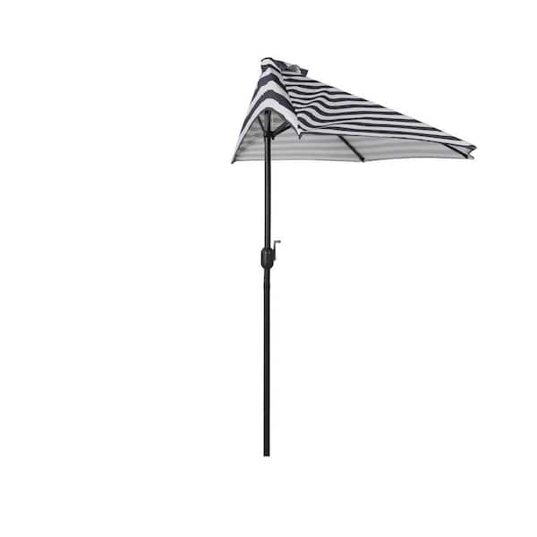Fiji 9 ft. Outdoor Patio Half-Round Market Umbrella with Crank Lift in Black/White Stripe
