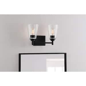 Wakefield 15 in. 2-Light Matte Black Modern Vanity Light with Clear Glass Shades