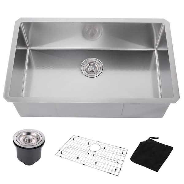 32 in. Drop-In/Undermount Single Bowl 18-Gauge Stainless Steel Kitchen Sink with Basket Strainer in Brushed Nickel