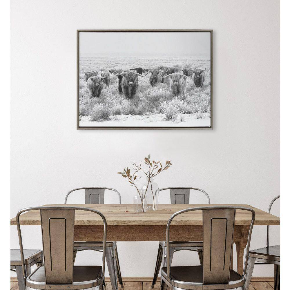 Large Black and White Highland Cow Canvas Print with Gray Frame