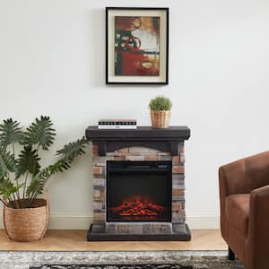 28 in. Tan Freestanding Faux Stone Infrared Electric Fireplace with Mantel