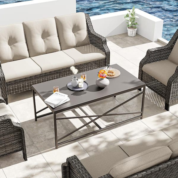Gardenbee Outdoor Coffee Table Patio Side Table with Steel Brown Frame