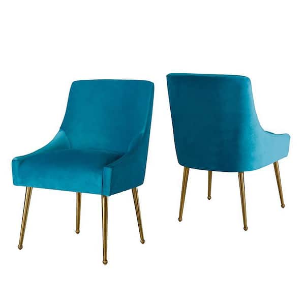 sumyeg New-Style Light Blue Velvet Accent Arm Chair Side Chair with Gold Legs (Set of 2)
