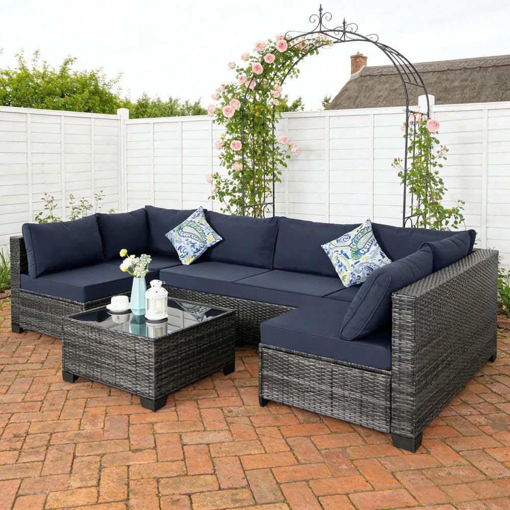 Unbranded 7-Piece Wicker Outdoor Patio Sectional Sofa, All-Weather PE Rattan Conversation Set with Blue Cushions and Coffee Table jk-318