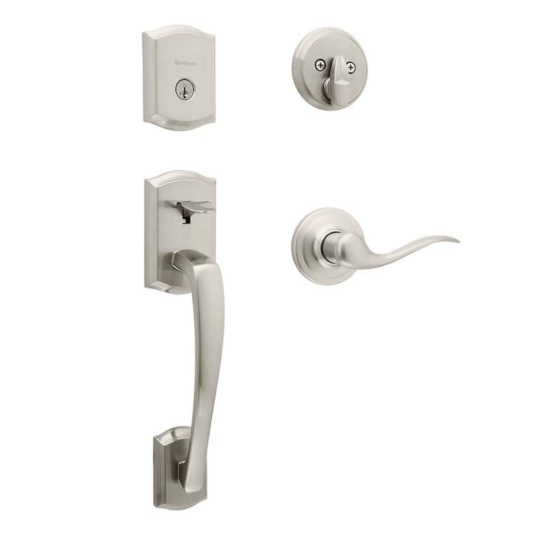 Kwikset Prescott Satin Nickel Single Cylinder Entry Door Handleset with Tustin Handle Featuring SmartKey Security