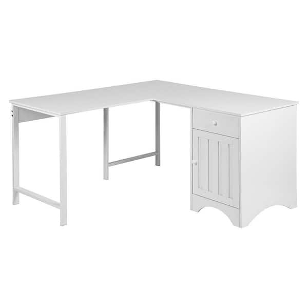 Homy Casa Irelan 55 in. L-Shape White Manufactured Wood Computer Desk with Drawer and Cabinet