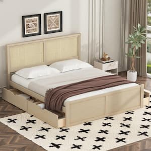 Natural Yellow Wood Frame Queen Size Platform Bed with 4-Storage Drawers, Rattan Headboard