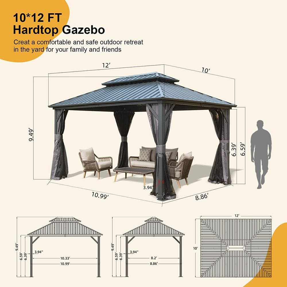 Gray 10' x 12' Aluminum and Steel Hardtop Gazebo with Curtains