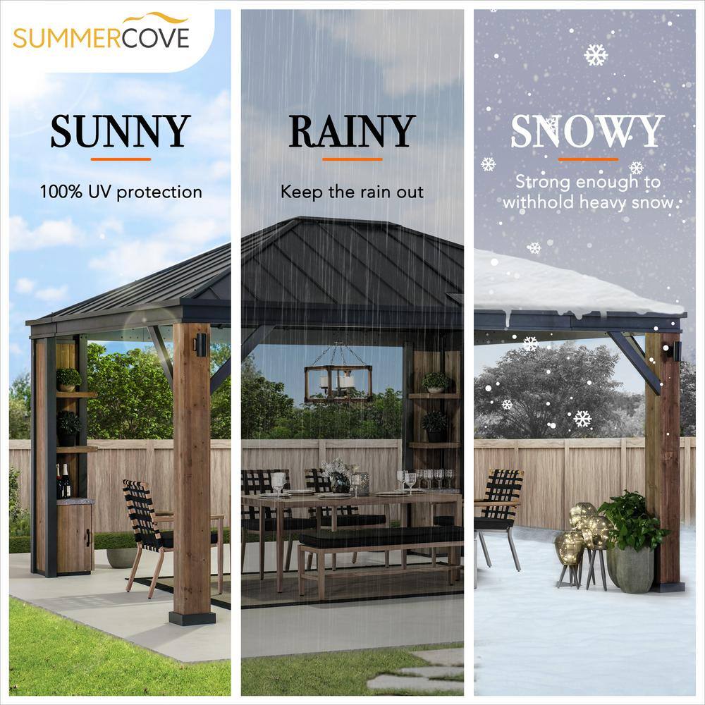 Sunjoy 12 x 14 ft Cedar Wood and Steel Hardtop Gazebo with LED Lighting and Bluetooth Sound