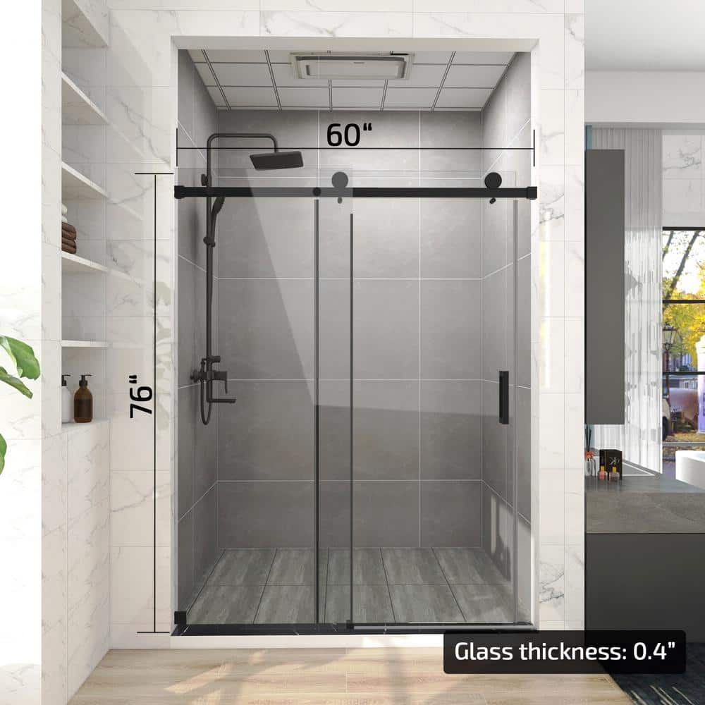 60'' Matte Black Frameless Sliding Shower Enclosure with Clear Glass